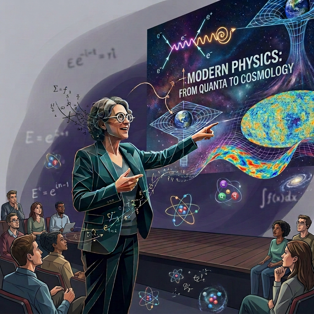 Professor giving a lecture titled Modern Physics: From Quanta to Cosmology to students