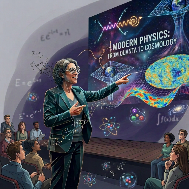 Professor giving a lecture titled Modern Physics: From Quanta to Cosmology to students